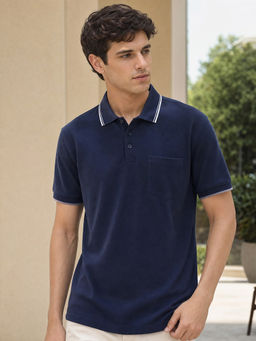 Nobero - Men Textured Polo Cotton T-Shirts Blue