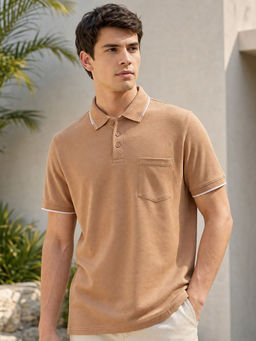 Nobero - Men Textured Polo Cotton T-Shirts Beige