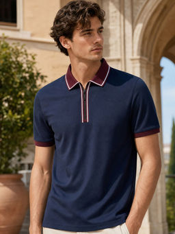 Nobero - Men Textured Polo Cotton T-Shirts Blue