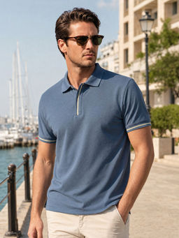 Nobero - Men Textured Polo Cotton T-Shirts Blue