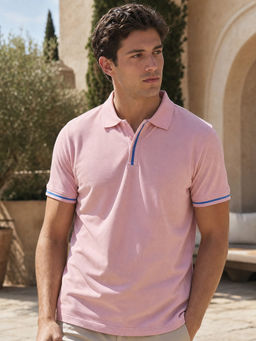 Nobero - Men Textured Polo Cotton T-Shirts Pink