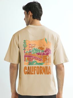 Nobero - Men Oversized Graphic Printed T-Shirt Beige