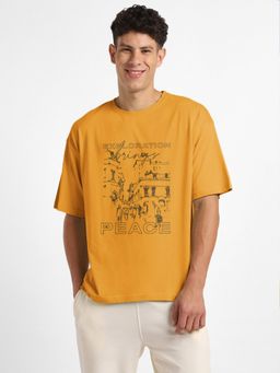 Nobero - Men Oversized Cotton Graphic T-Shirt Mustard