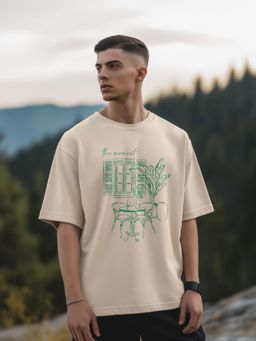 Nobero - Men Oversized Graphic Printed T-Shirt Beige