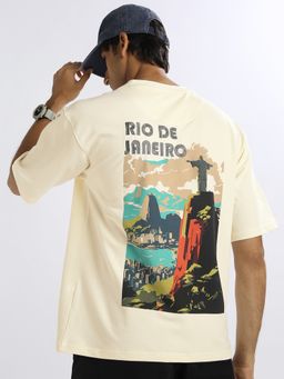 Nobero - Men Premium Oversized Cotton Puff Print T-Shirt Beige