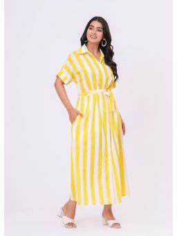 JAIPURRANG - Yellow White Stripe Dress with Belt