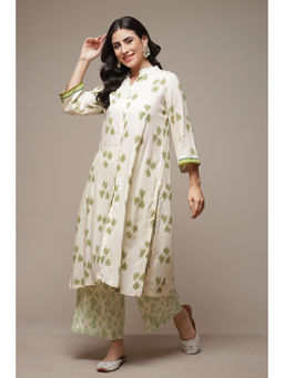 Biba - Womens Natural Green Printed Rayon Straight Kurta (Set of 2)