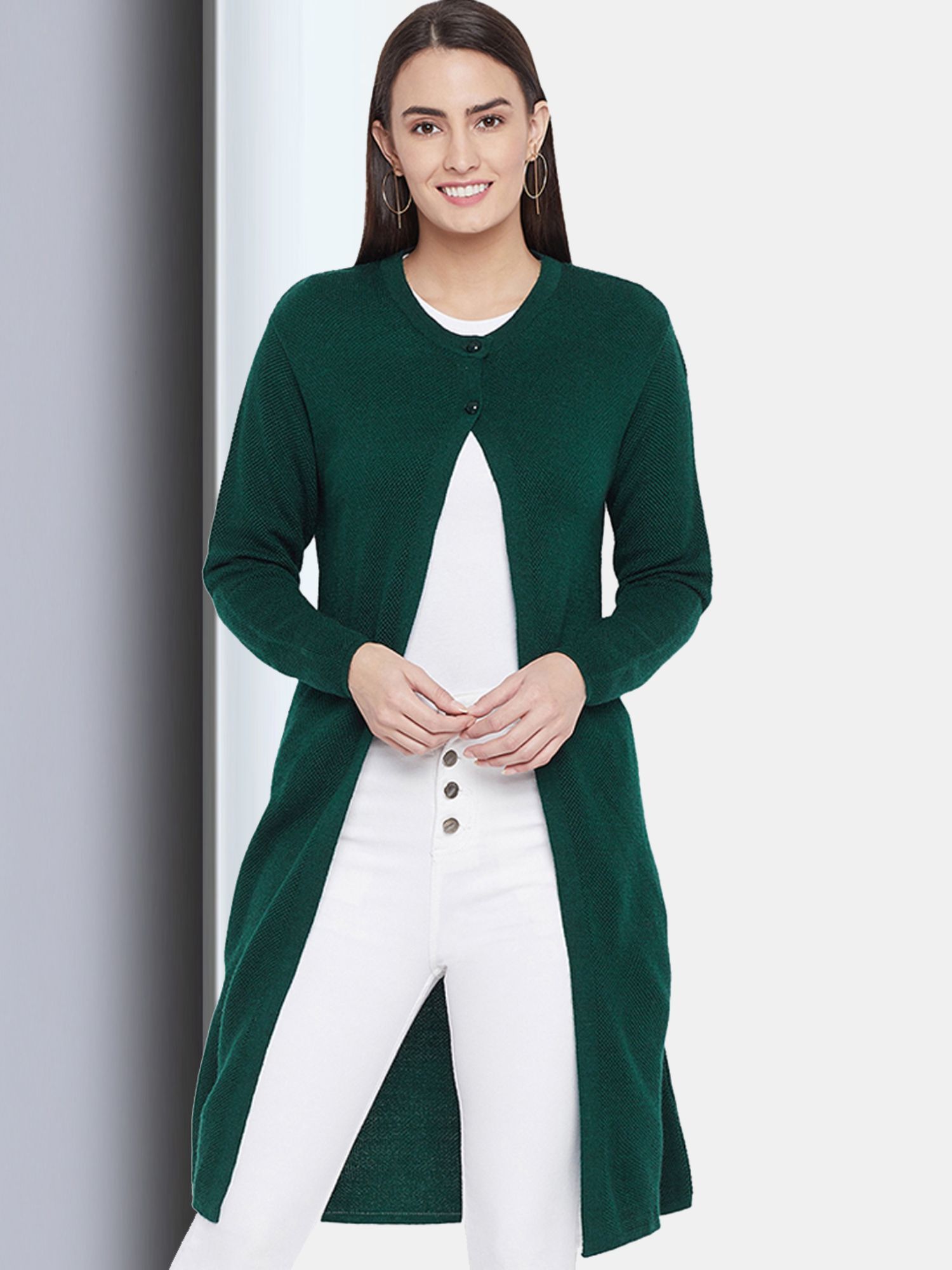 Womens Wool Blend Green Full Sleeve Solid Self Design Round Neck Cardigan