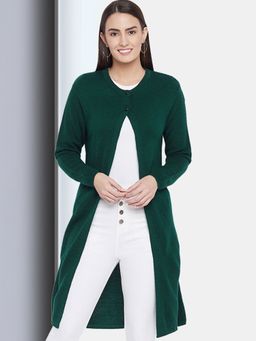 CLAPTON - Womens Wool Blend Green Full Sleeve Solid Self Design Round Neck Cardigan