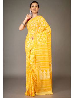 Unnati Silks - Yellow Pure Block Printed Superfine Mulmul Cotton Saree with Unstitched Blouse