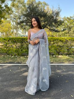 Odette - Grey Organza Embroidered Saree with Unstitched Blouse