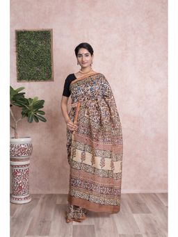 KISHORI - Bagru Print Kalamkari Pattern Chanderi Silk Saree with Unstitched Blouse - Beige