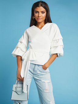 Styli - White Cotton Layered Puff Sleeves Wrap Top