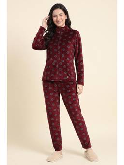 Zivame - Minky Fur Knit Poly Jacket & Pyjama - Chocolate Truffle Maroon