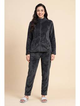 Zivame - Minky Fur Knit Poly Jacket & Pyjama - Tubulence Grey
