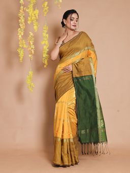 CHARUKRITI - Mustard Cotton Blend Handwoven Checkered Zari Designs Saree with Unstitched Blouse