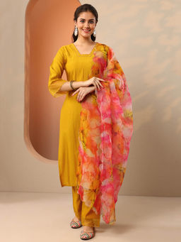 Libas - Mustard Woven Design Straight Kurta with Pant and Printed Dupatta