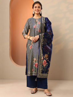 Libas - Navy Blue Floral Printed Kurta with Palazzo with Dupatta