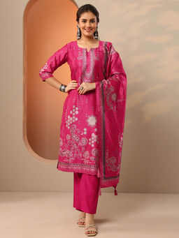 Libas - Rani Pink Paisley Printed Straight Kurta with Pant with Dupatta
