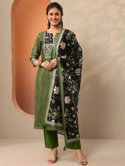 Libas - Green Floral Printed Straight Kurta with Pant with Dupatta
