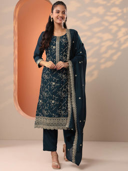 Libas - Teal Embroidered Straight Kurta with Pant and Dupatta