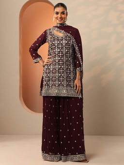 Libas Art - Maroon Zari Embroidered Straight Kurti with Palazzo with Dupatta