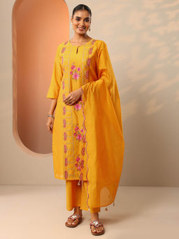 Libas - Mustard Floral Embroidered Kurta with Pant and Dupatta