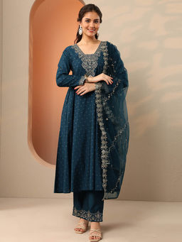 Libas - Teal Zari Embroidered Anarkali Kurta with Pant and Dupatta