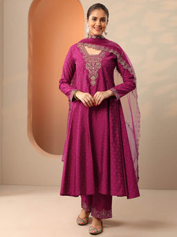Libas - Magenta Zari Embroidered Anarkali Kurta with Pant and Dupatta