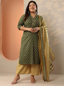 Extra love by Libas - Plus Size Olive Floral Printed Straight Kurta with Palazzo and Dupatta