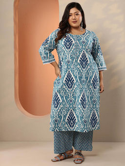 Extra love by Libas - Plus Size Blue Ethnic Motif Printed Straight Kurta with Palazzo