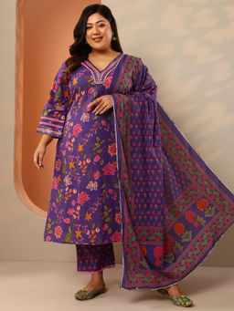 Extra love by Libas - Plus Size Women Purple Floral Printed Straight Kurta with Pant and Dupatta