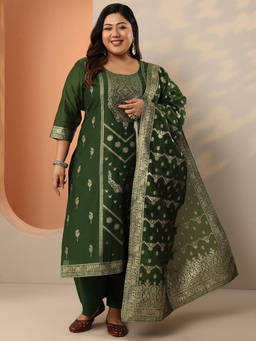 Extra love by Libas - Plus Size Women Green Zari Woven Design Kurta with Pant and Dupatta