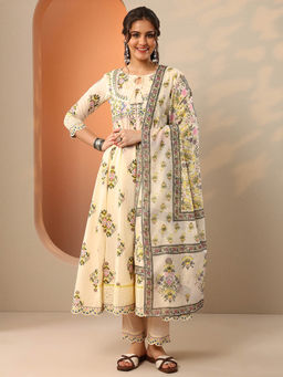 Libas - Cream Floral Embroidered Anarkali Kurta with Pant and Dupatta