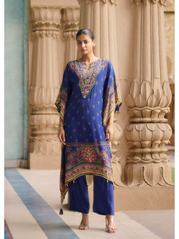 Autumnlane - Aster Hibis Blue Printed Beads Work Kaftan with Pant