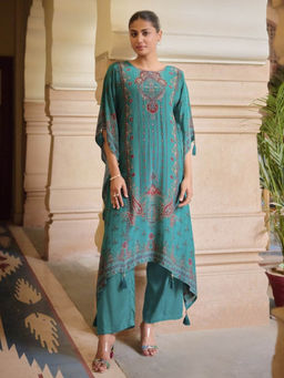 Autumnlane - Aster Tufts Blue Printed Sequined Work Kaftan with Pant