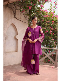 Autumnlane - Gaurisha Purple Floral Embroidery Kurti with Palazzo and Dupatta