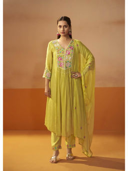 Autumnlane - Ira Yellow Embroidery A-Line Kurta with Pant and Dupatta