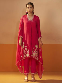Autumnlane - Ira Cardinal Red Floral Embroidery Kurta with Pant and Dupatta