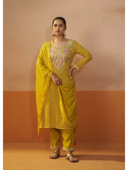 Autumnlane - Ira Yellow Floral Embroidery Kurta with Pant and Dupatta