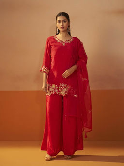 Autumnlane - Ira Ruby Red Floral Embroidered Kurti with Palazzo and Dupatta