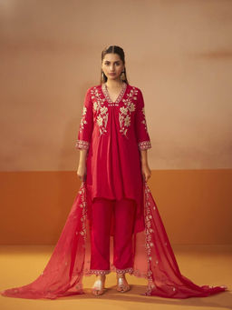 Autumnlane - Ira Scarlet Red Floral Embroidery Kurta with Pant and Dupatta