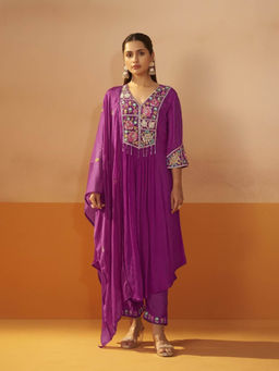 Autumnlane - Ira Purple Embroidery A-Line Kurta with Pant and Dupatta
