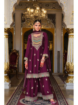 Autumnlane - Kasumal Burgundy Embroidered Kurta with Gharara and Dupatta