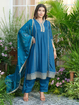 Autumnlane - Palash Blue Zari Embroidered A-Line Kurta with Pant and Dupatta