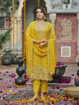 Autumnlane - Saroj Yellow Embroidered Kurta with Pant and Dupatta