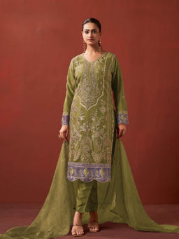 Autumnlane - Shamsad Olive Zari Embroidered Lawn Kurta with Pant and Dupatta