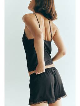 H&M - Women Black Lace-Trimmed Satin Top And Shorts