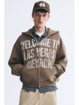 H&M - Men Brown Oversized Fit Printed zip-through hooded Jacket