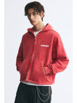 H&M - Men Red Oversized Fit Printed Zip-Through Hoodie